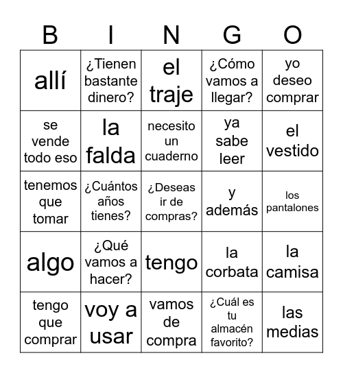 Vamos de compras- lado 2 Bingo Card