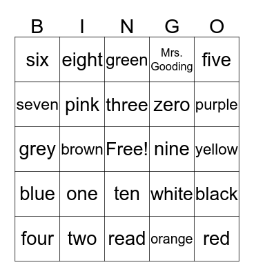 Number/Color words Bingo Card