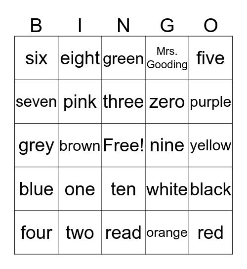 Number/Color words Bingo Card
