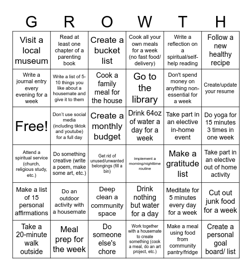 Vida goals Bingo Card