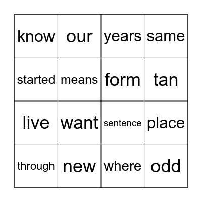 sight words Bingo Card