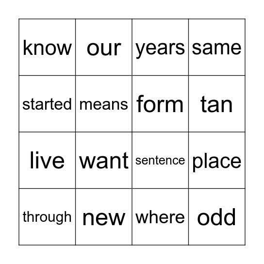 sight words Bingo Card