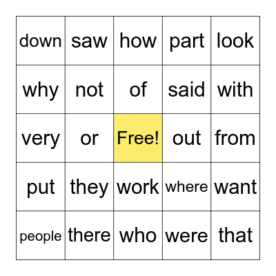 Sight Word Bingo Card