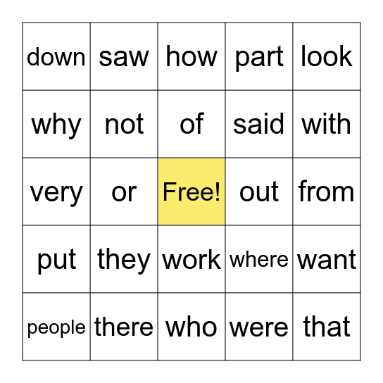 Sight Word Bingo Card