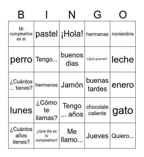 Spanish Bingo Card