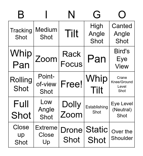 Camera Shot Type and Movement Bingo Card