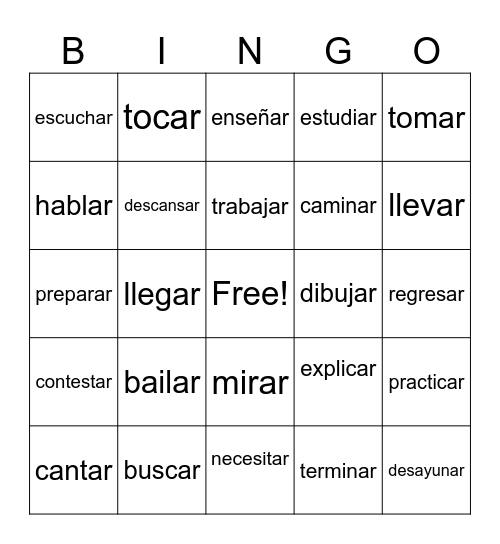 los verbos que terminan en -ar Bingo Card