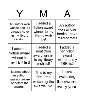 Youth Media Awards Bingo Card