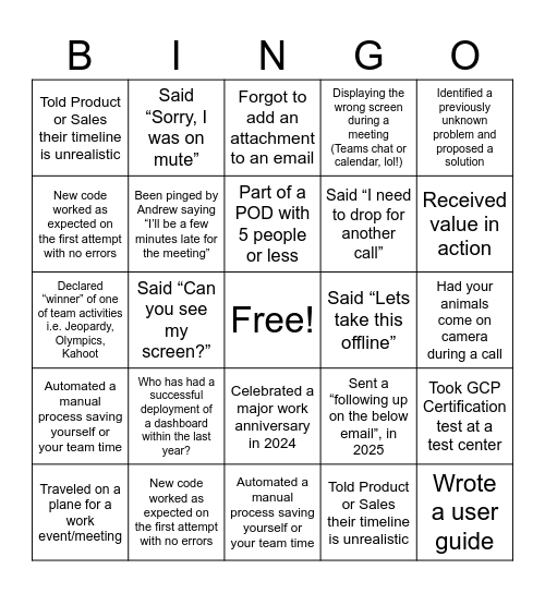 BICOE Bingo Card