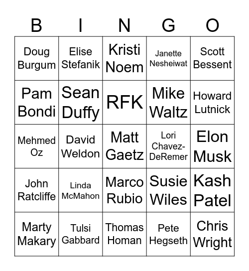 Trump Cabinet Bingo Card