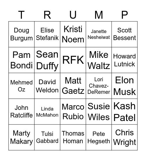 Trump Cabinet Bingo Card