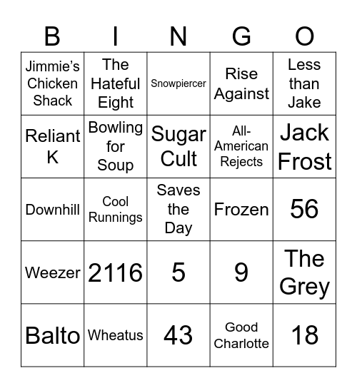 Pop Culture Math, Freezing Film, & Pop Punk Bingo Card