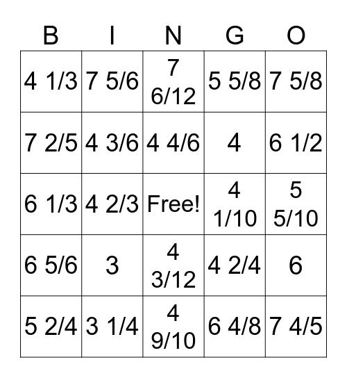 Add Mixed Numbers Bingo Card