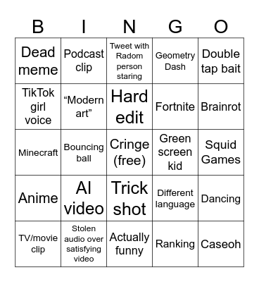 YouTube shorts Bingo Card