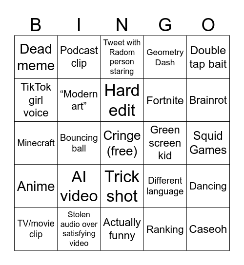 YouTube shorts Bingo Card