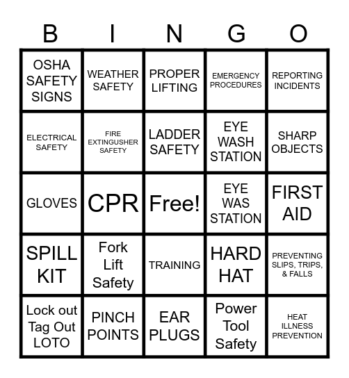 Sunbelt Safety Week Bingo Card