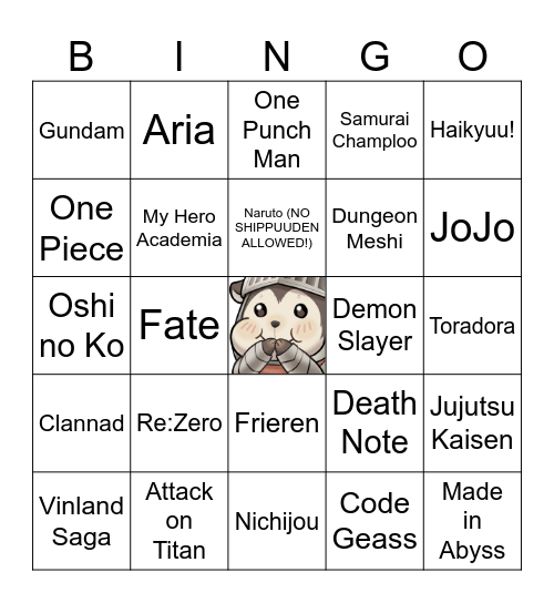 Anime Music Quiz bingo Card