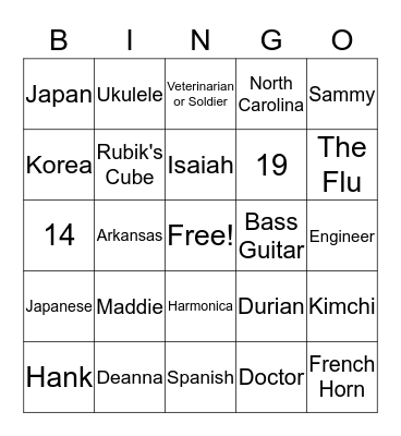 Deiters Family Bingo Card