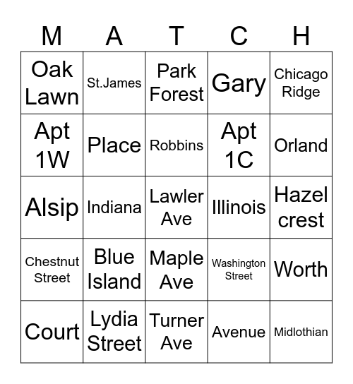 Where we live Bingo Card
