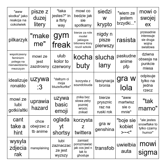 mezczyzni bingo Card