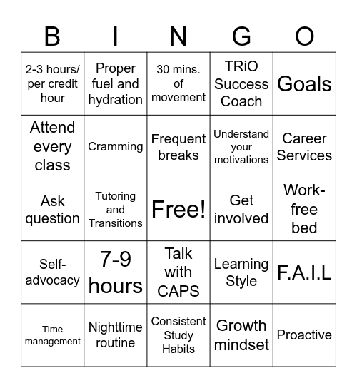 Health and Wellness for Success Bingo Card
