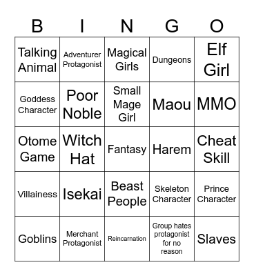 Fantasy Anime Tropes Bingo Card