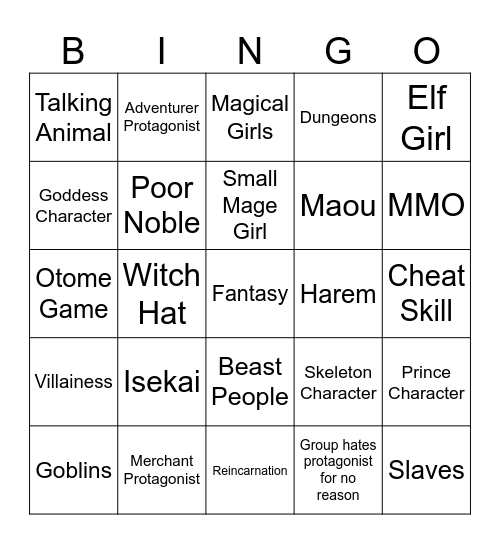 Fantasy Anime Tropes Bingo Card