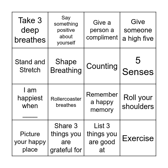 Emotional Regulation Bingo Card