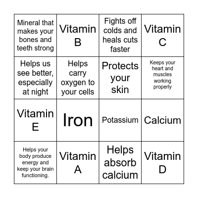 Vitamin and Mineral Bingo Card