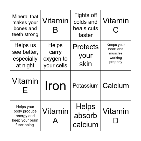 Vitamin and Mineral Bingo Card