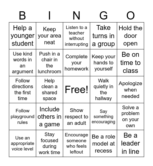 3rd - 5th Grade PBIS Bingo! Bingo Card