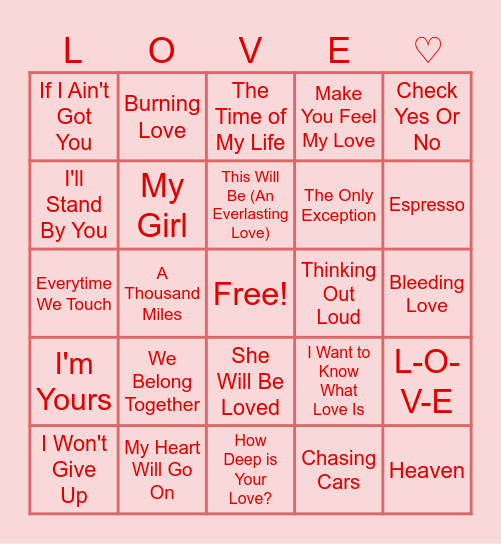 Valentine's Music Bingo Card