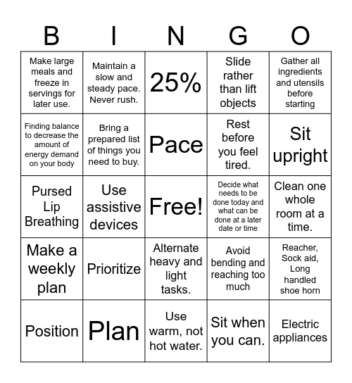 Energy Conservation Bingo Card