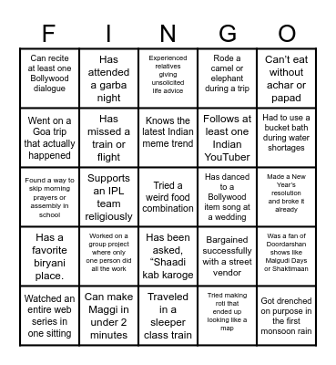 Fun Friday Fingo Bingo Card