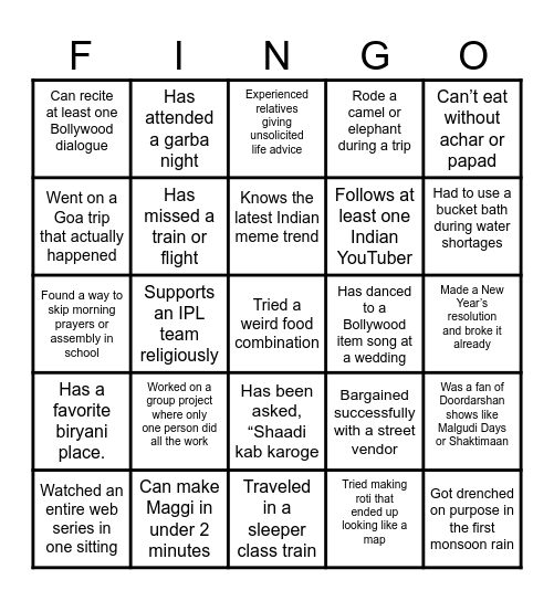 Fun Friday Fingo Bingo Card
