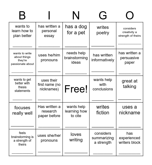 Comp II - Day 2 BINGO Card