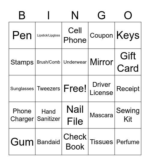 Whats in your purse? Bingo Card