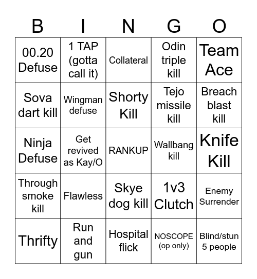 Valorant Bingo Card