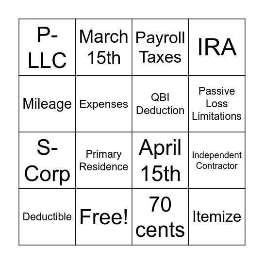 License to Deduct Tax Bingo Card