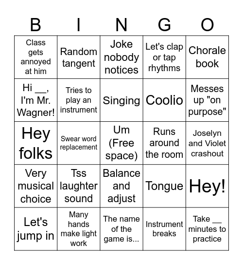 Orchestra Bingo Card