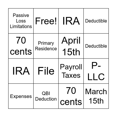 License to Deduct Tax Bingo Card