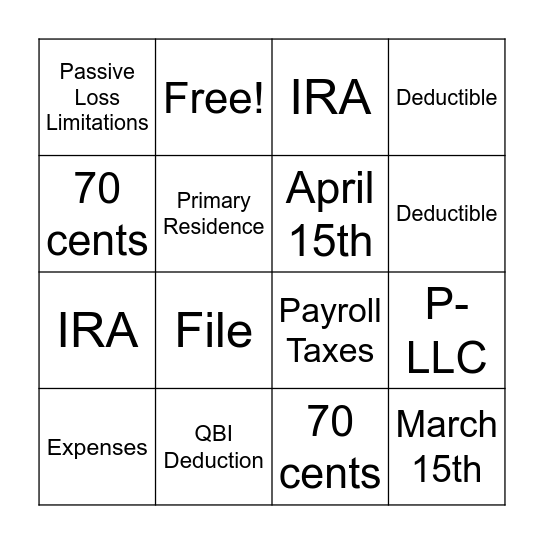 License to Deduct Tax Bingo Card