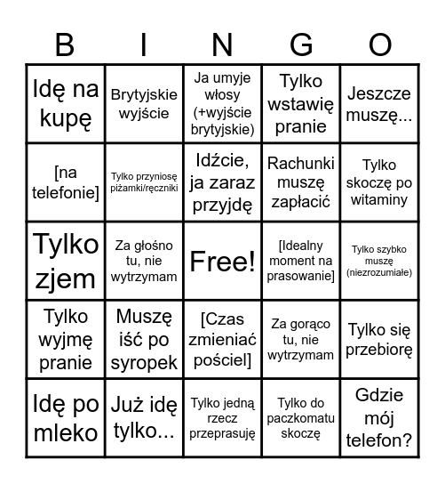Wymówki od kąpieli Bingo Card