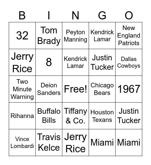 Super Bowl Bingo Card
