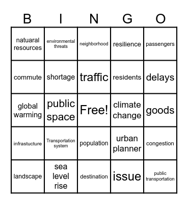 Unit 10  Urban Planning Bingo Card