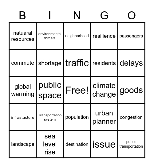 Unit 10  Urban Planning Bingo Card