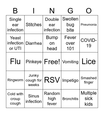 Preschool Illness Bingo 2025 Bingo Card