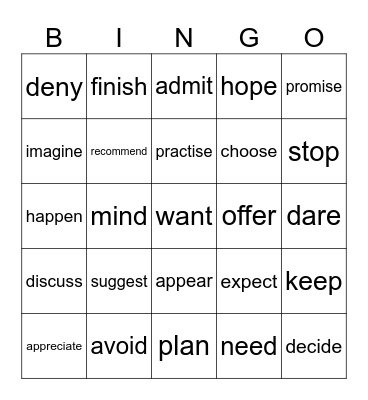 verbs Bingo Card