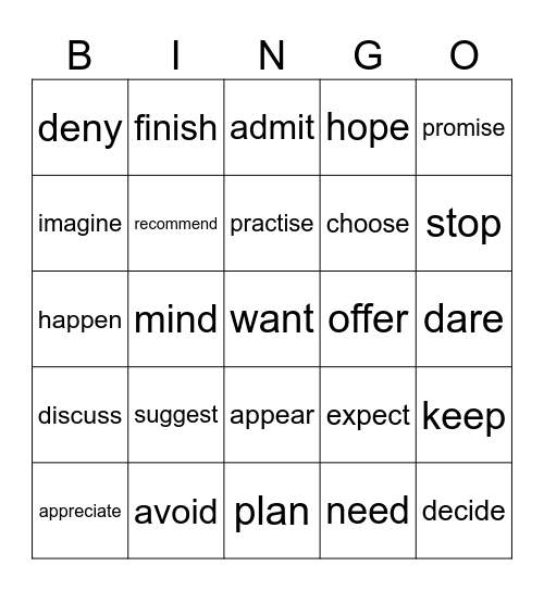verbs Bingo Card