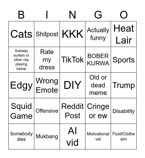 Insta reels Bingo Card